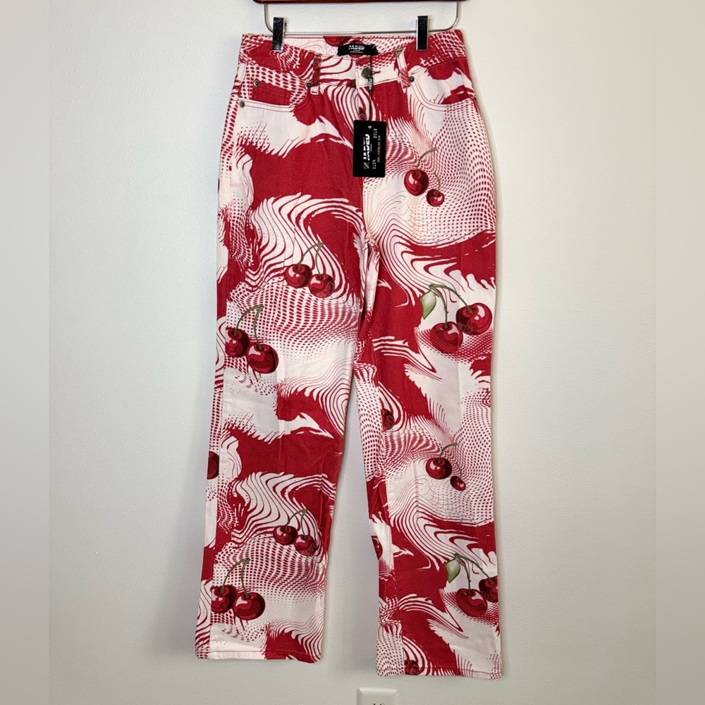 Jaded London Cherry Print Wide Leg Jeans Red White W28 NWT